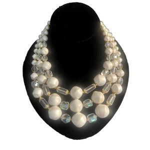 VTG Multi Strand Glass Faux Pearl Necklace Crystal Faceted Accents W. Germany